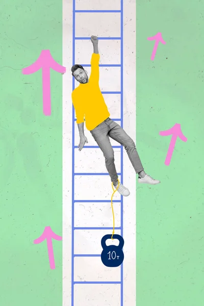 混沌悬梯坠落人科学实验物理实验重磅水壶捆绑腿的垂直创造性拼贴图像 — 图库照片