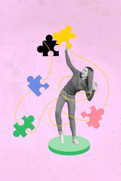 Image Composite Collage Drôle Jeune Femme Intelligente Résolution Tâche Puzzle — Photo