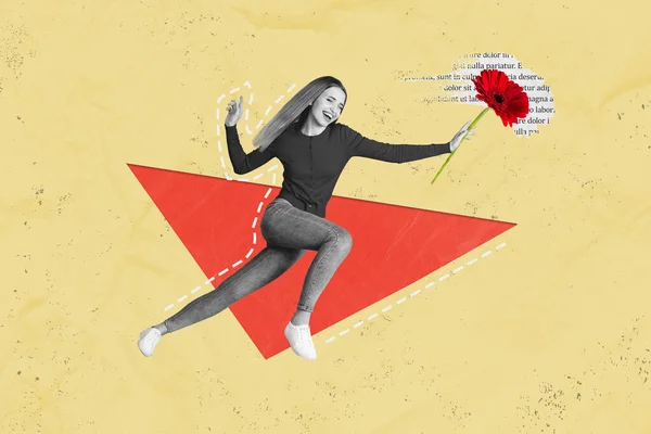Zabawny Kolaż Młodej Dziewczyny Prowadzony Czerwonym Kwiatem Stokrotki Zabawy Otrzymał — Zdjęcie stockowe