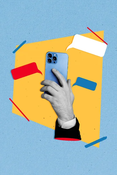 Schizzo Verticale Artwotk Collage Braccio Maschile Tenere Dispositivo Moderno Iphone — Foto Stock