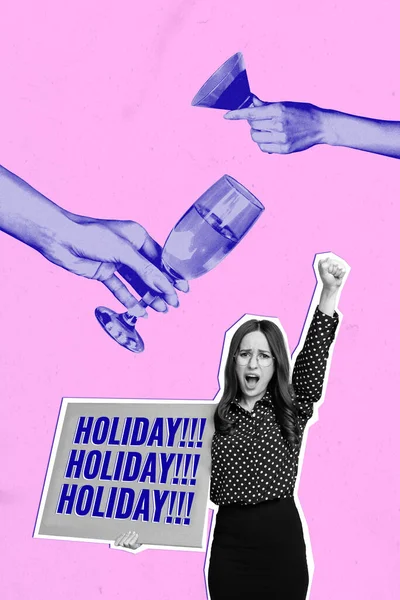 Young Funny Business Lady Celebrate Hold Placard Holidays Vacation Fist — Stock Photo, Image