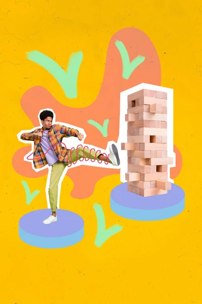 Kreative Trendcollage Aus Wütend Genervt Irritierten Jungen Männlichen Bein Kick — Stockfoto