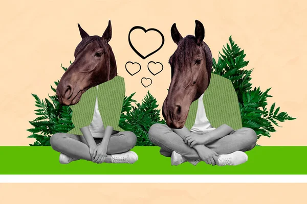 Collage Immagine Composita Due Mascherina Testa Animali Mammiferi Cavalli Seduti — Foto Stock