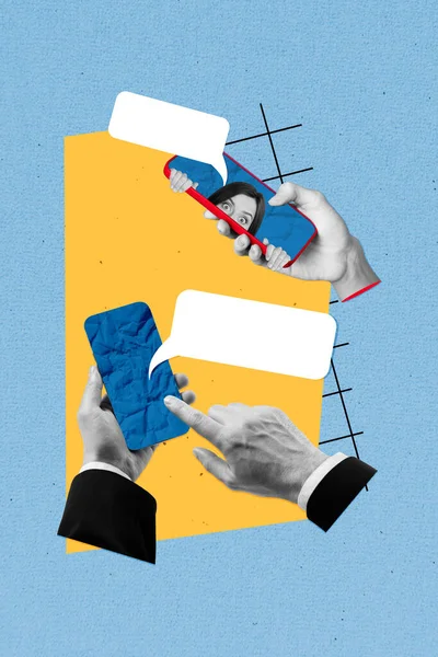 Collage Schets Kunstwerk Van Mannelijke Handen Met Moderne Apparaat Schrijven — Stockfoto