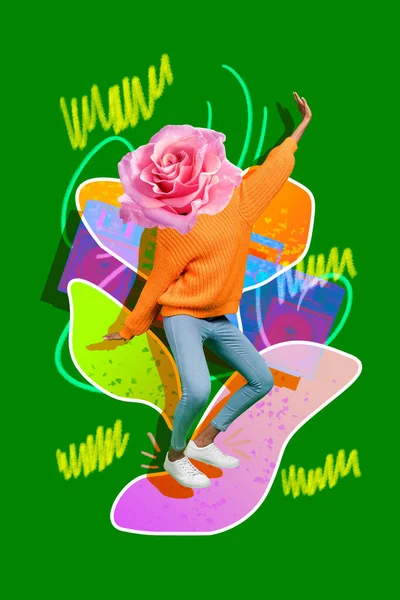 緑の背景に隔離された頭描きのブームボックスではなく 踊り屈託のない人のバラの花の垂直コラージュ写真 — ストック写真