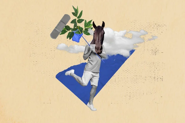 黒い白い効果のコラージュイメージ馬頭男の腕を保持ネットキャッチ植物はベージュの背景に隔離された医療パッチ雲空を残します — ストック写真