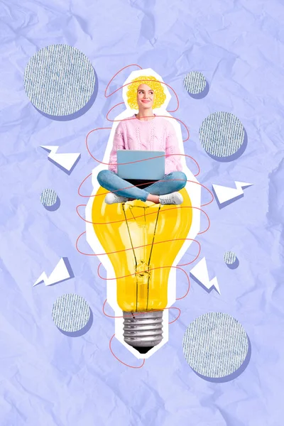 大きな電球電気天才アイデア作業ノートパソコンのビジネス女性学生座って面白い若い女性の複合コラージュ画像 — ストック写真