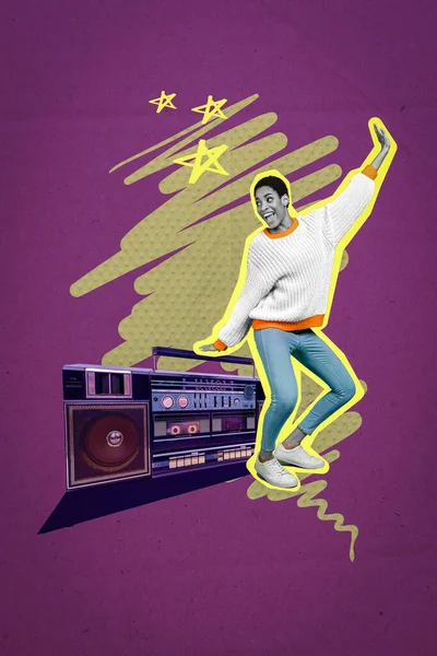 Collage Tendencia Creativa Divertido Afro Americano Joven Bailando Divertirse Boombox — Foto de Stock