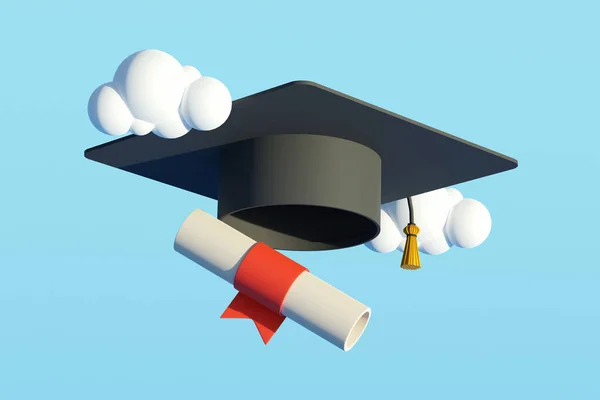 創造的な3Dコラージュ画像のMortarboard卒業帽子スクロール卒業証書紙飛んで雲の青の背景に隔離 — ストック写真
