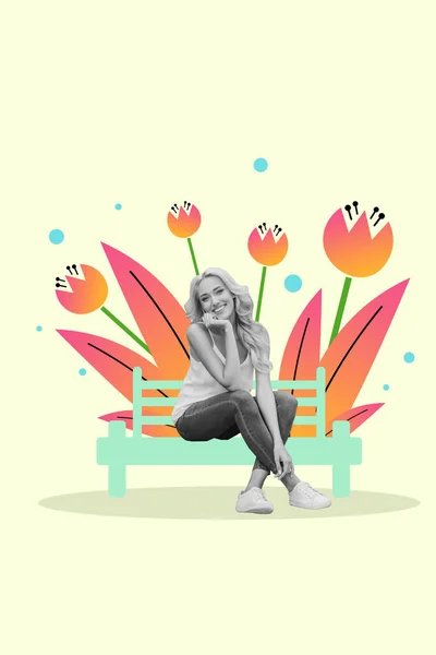 垂直イラストアートワークコラージュ夢の少女の絵椅子に座って屋外自然花ベージュの背景に隔離された花 — ストック写真