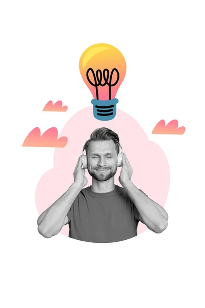 Vertikální Koláž Chladící Chlap Poslech Audio Bezdrátové Sluchátka Jeho Mysl — Stock fotografie