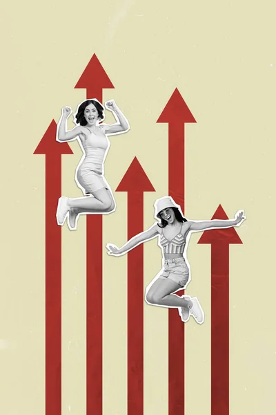 3Dレトロ抽象的な創造的なアートワークテンプレートのコラージュの2つの興奮した女性のお祝いの成功スタートアップは楽しい勝者が矢印ポイントジャンプしている — ストック写真