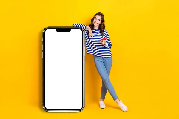 Full Body Length Photo Young Success Blogger Businesswoman Hold Phone — Stock Photo, Image