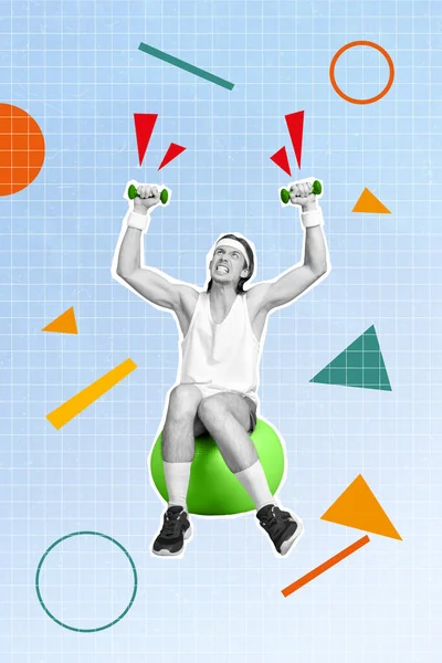 Imagem Colagem Vertical Cores Brancas Pretas Cara Sentar Fitness Bola — Fotografia de Stock