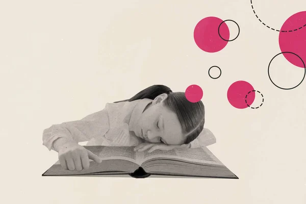 Kolaj Dergisi Yorgun Kız Uyku Kitabı Sayfası Sıkıcı Materyal Sınavı — Stok fotoğraf
