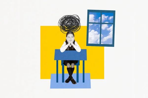 Collage Bild Skizze Von Verträumten Mädchen Sitzen Klassenzimmer Träumen Sommerferien — Stockfoto