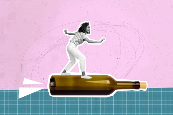 独创的合成插图图片拼贴滑稽粗心大意的积极女孩骑在酒瓶上 在油漆的背景下分离 — 图库照片