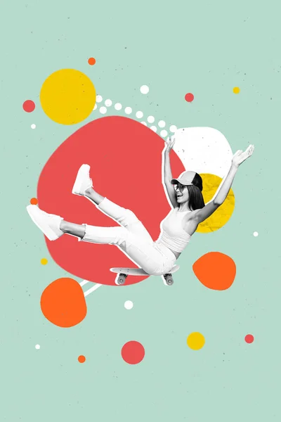 Plakkaat Collage Poster Van Positief Meisje Paardrijden Skateboard Veel Plezier — Stockfoto
