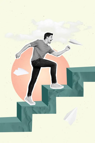 긍정적으로 열심히 일하는 남자가 사다리를 올라가는 모습이 콜라주 사진은 그림에서 — 스톡 사진