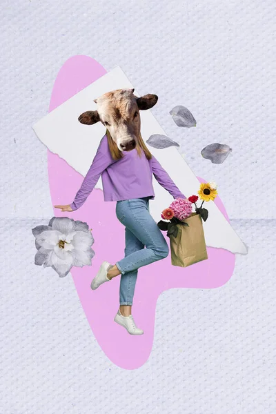 Vertical Placard Illustration Collage Headless Surreal Woman Mask Cow Animal — Stock Photo, Image