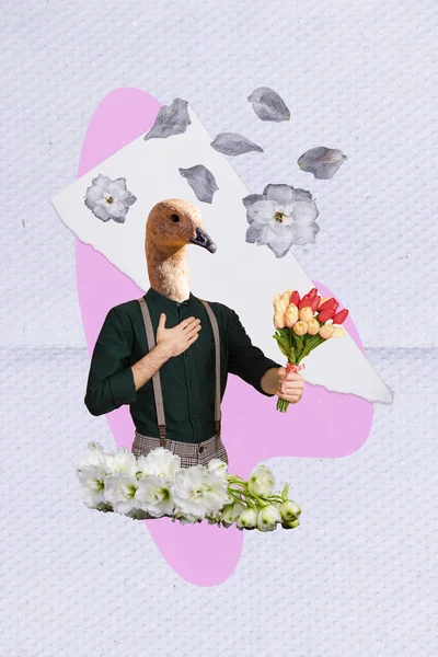 Kreativ Tidning Collage Bild Imponerad Anka Huvud Kille Som Ger — Stockfoto