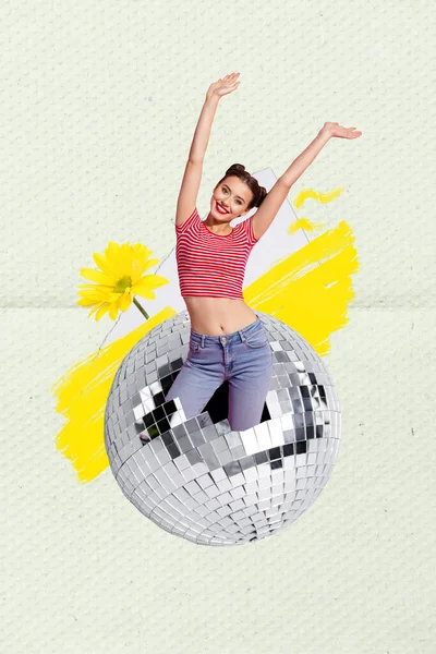 Vertical abstract composite creative photo collage of happy attractive girl dancing in discoball having fun isolated painted background.