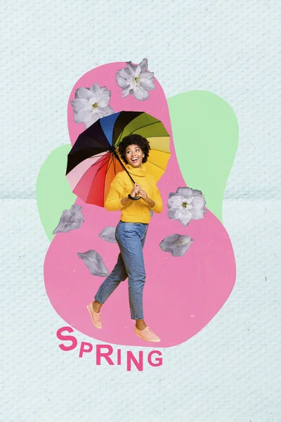 Вертикальное Изображение Коллажа Позитивно Возбужденной Девушки Держать Зонтик Ходьба Летающие — стоковое фото