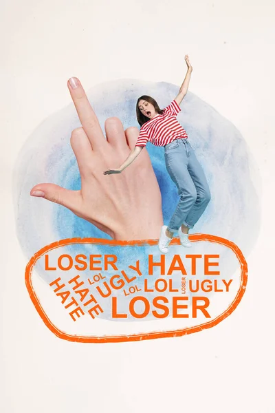 Vertical Collage Image Mini Scared Girl Balancing Hateful Words Huge — Stock Photo, Image