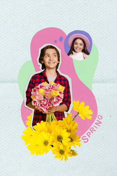 Imagen Collage Vertical Niño Alegre Celebrar Flores Frescas Primavera Pensar — Foto de Stock