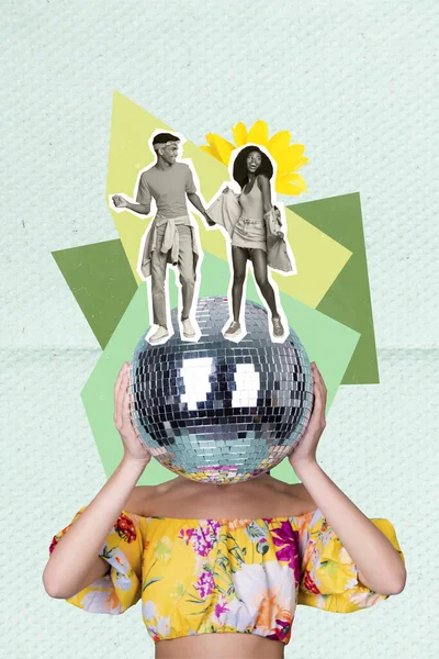 Photo Comics Sketch Collage Picture Smiling Couple Dancing Disco Ball — Stock Photo, Image