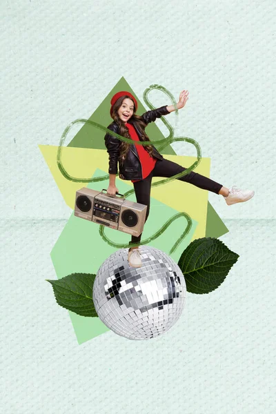 Criativa Modelo Gráfico Colagem Imagem Menina Pequena Dançando Audição Boom — Fotografia de Stock