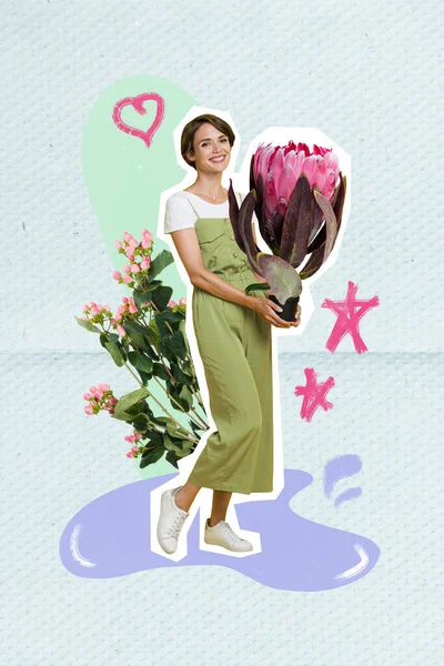 Vertikální Koláž Obraz Veselý Okouzlující Dívka Paže Držet Čerstvé Květiny — Stock fotografie