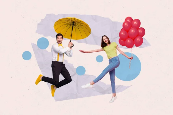 两个快乐快乐快乐的人跳着带着雨伞的气球从画布上分离出来的复合拼贴图像 — 图库照片