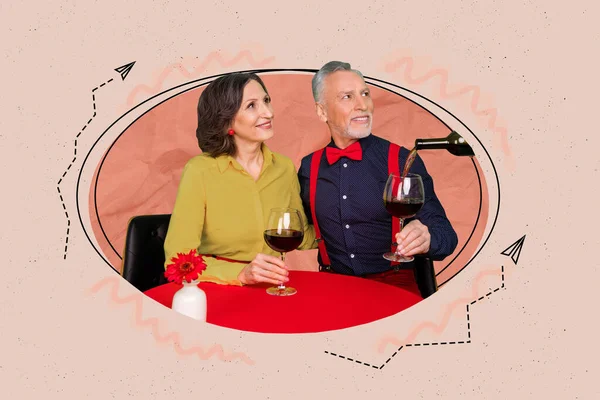 stock image Collage portrait of waiter pour wine glass two cheerful aged partners restaurant table isolated on beige painted background.