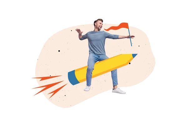 アートマガジンコラージュ写真のファンキー正男空飛ぶ鉛筆ロケット孤立ドローイング背景 — ストック写真