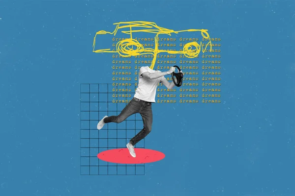 无头人跳跃的大杂烩梦想着他的新兰博基尼汽车驱动方向盘隔离在蓝色背景下 — 图库照片
