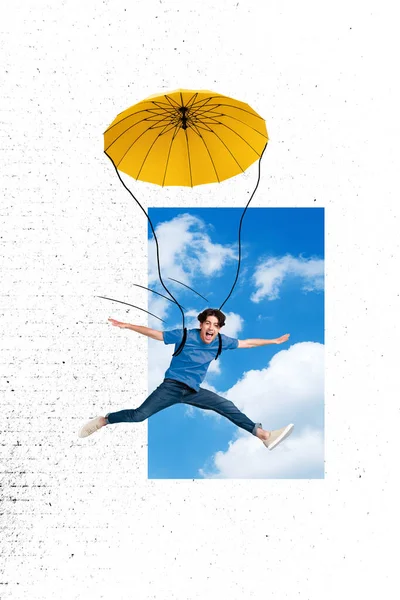 Vertical Collage Image Positive Guy Flying Clouds Sky Umbrella Parachute — Stock Photo, Image