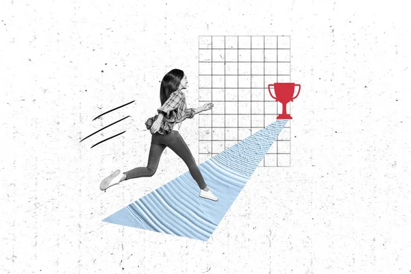 Photo Collage Progressive Woman Running Fast Speed Achievement Goal Championship — Stock Photo, Image