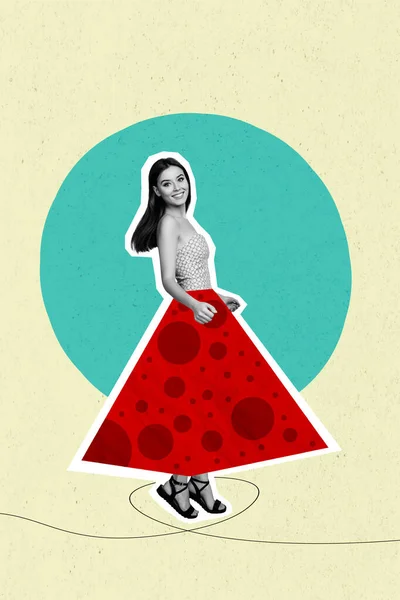 Весела Молода Красива Леді Колаж Рекламна Картина Червоній Стильній Сукні — стокове фото