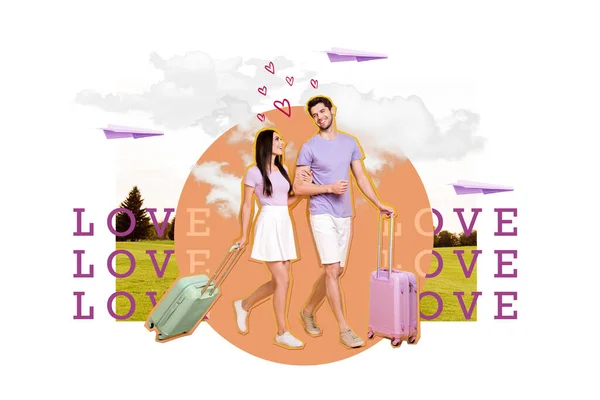 Colagem Composta Dois Jovens Amantes Juntos Caminhando Com Destino Aeroporto — Fotografia de Stock