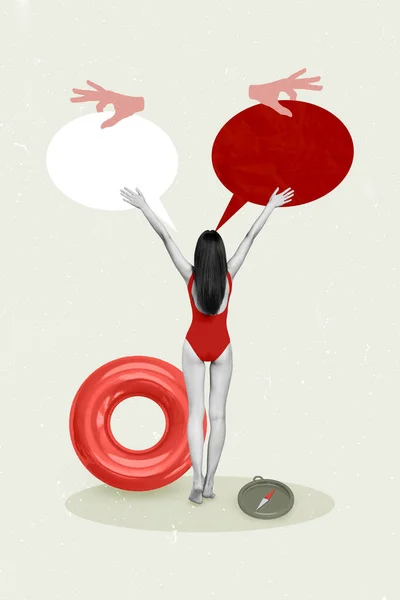 Колажна Картина Жінки Червоному Бікіні Купальнику Говорить Діалог Бульбашкова Хмара — стокове фото