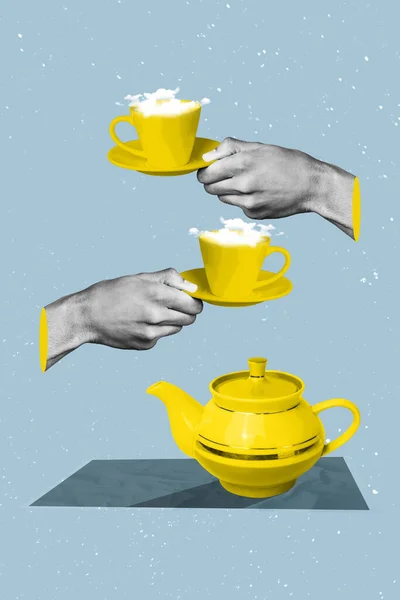 無料の時間を過ごす人々のポスター画像のコラージュ雑誌のイメージは おいしいお茶をお楽しみくださいリラックスした残りの黄色青の色背景を描く — ストック写真