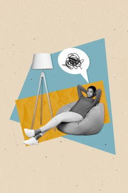 Vertical composite design collage of lying comfortable bean bag careless chilling thoughts dreaming take nap isolated on blue background. clipart