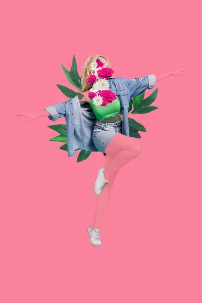 垂直模板创意图片拼贴无身体的女人穿着牛仔裤衣服飞舞的双手翅膀与粉色背景隔离 — 图库照片