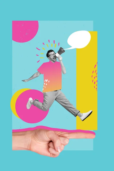 Creative Image Magazine Collage Excited Young Guy Promoter Shouting Loud — Stock Photo, Image