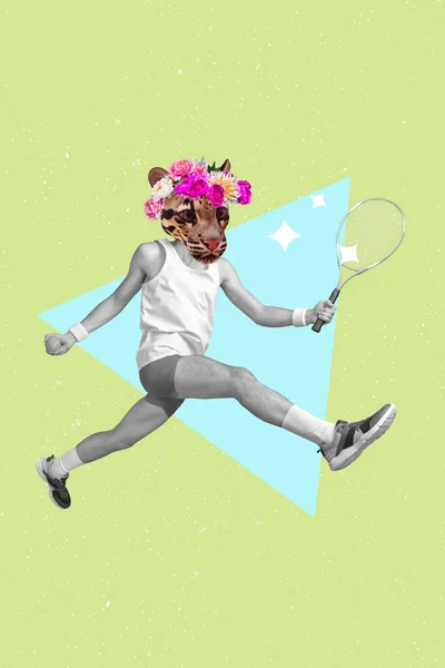 Poster Banner Creative Collage Young Sportswoman Wild Leopard Face Playing — Stock Photo, Image