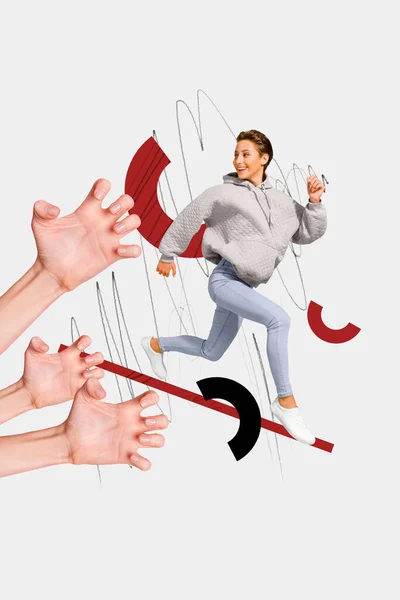 Modelo Revista Colagem Jovem Correr Rápido Partir Mãos Humanas Cruéis — Fotografia de Stock