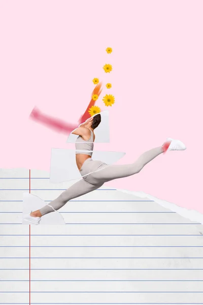 Póster Bandera Collage Joven Acróbata Dama Haciendo Aeróbic Yoga Volar — Foto de Stock