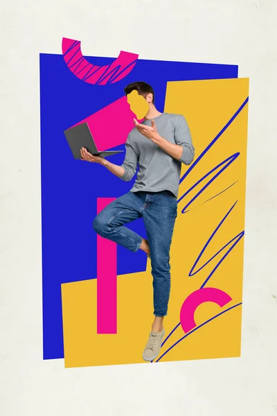 Poster Levendige Banner Collage Van Verslaafde Millennial Guy Met Behulp — Stockfoto