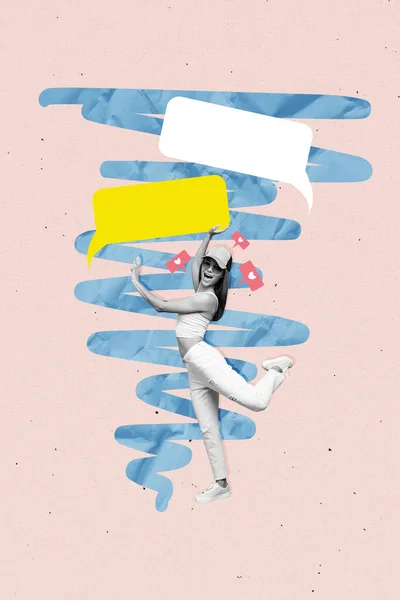 Verticale Creatieve Composiet Abstracte Foto Collage Van Tevreden Opgewonden Meisje — Stockfoto